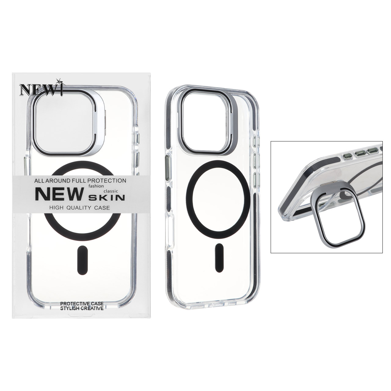 قاب اورجینال New Skin شفاف کریستالی MagSafe لنز استندشو Apple iPhone 16 Pro - مشکی (پک دار)